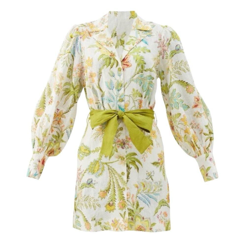 Alemais Floral Mini Dress Tie Waist Green Blue Orange Linen Shirt Dress Size 2